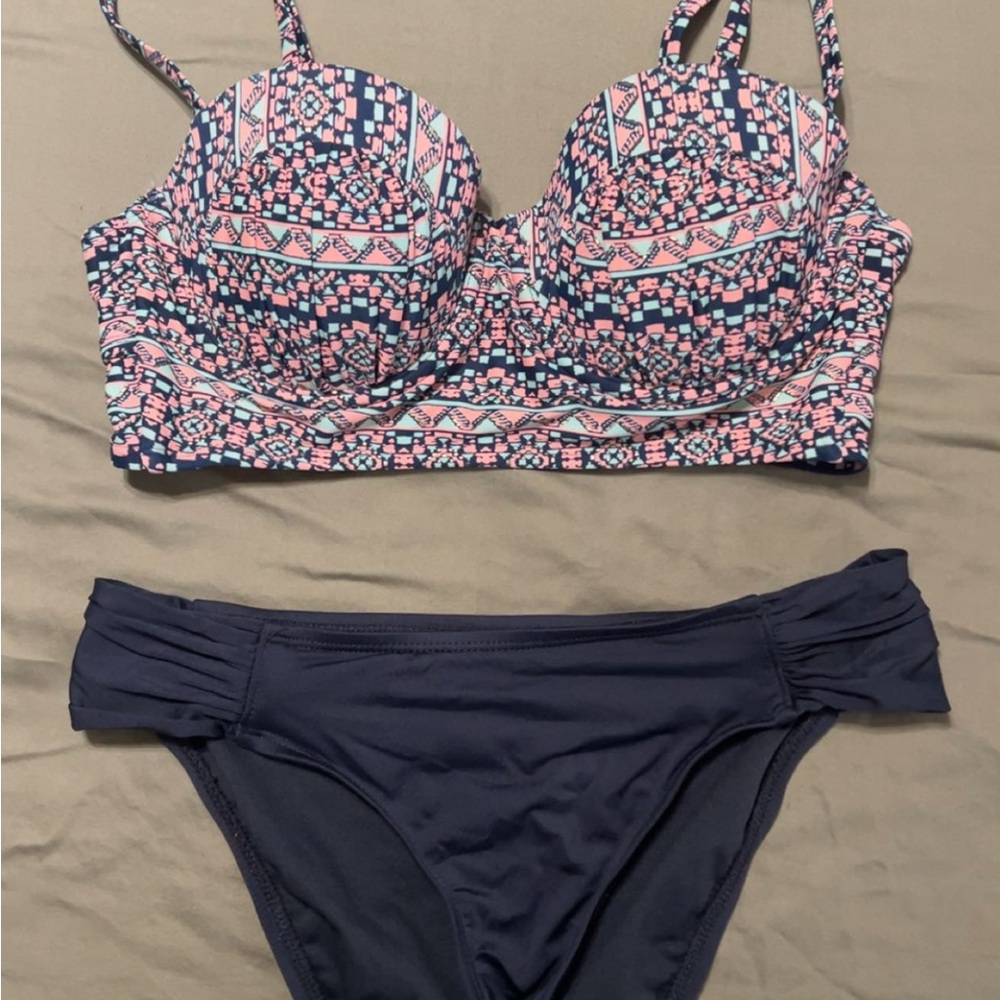 Women’s Two-Piece Swim Set - Navy & Pink Pattern